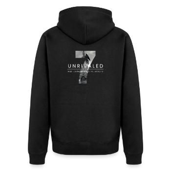 Unvergleichliche Heldenfigur Design - Unisex Premium Bio Zip Hoodie - Schwarz - Hinten - Nico (187cm)