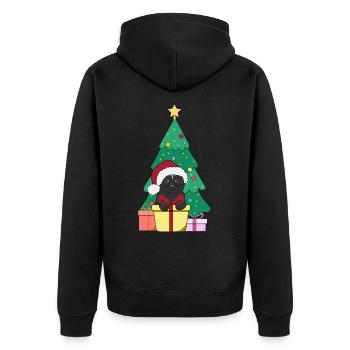 Katze vor Weihnachtsbaum mit Weihnachtsmütze Merry - Unisex Premium Bio Zip Hoodie - Schwarz - Hinten - Nico (187cm)