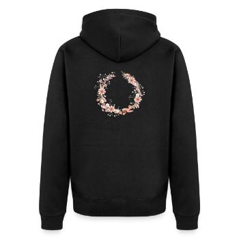 schöne Cosmea Blumenkranz Illustration in Rosa - Unisex Premium Bio Zip Hoodie - Schwarz - Hinten - Nico (187cm)