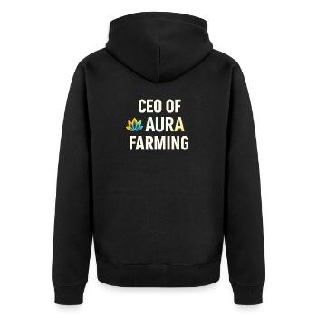 Aura Farming CEO Brand Lustiger Spruch - Unisex Premium Bio Zip Hoodie - Schwarz - Hinten - Nico (187cm)