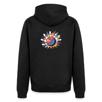  Bowling Ball Strike Mit Bunter Explosion Und Pins - Unisex Premium Bio Zip Hoodie - Schwarz - Hinten - Nico (187cm)