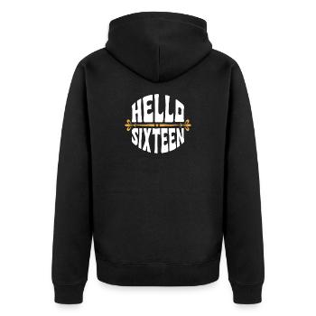 Hello Sixteen Vintage Birthday Tee - Unisex Premium Organic Zip Hoodie - black - Back - Nico (187cm)