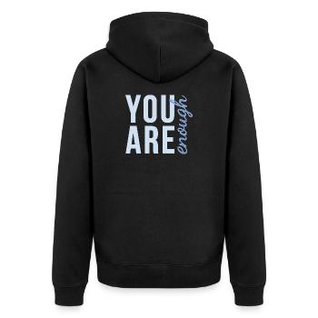 You Are Enough Schriftzug in sanftem blau - Unisex Premium Bio Zip Hoodie - Schwarz - Hinten - Nico (187cm)