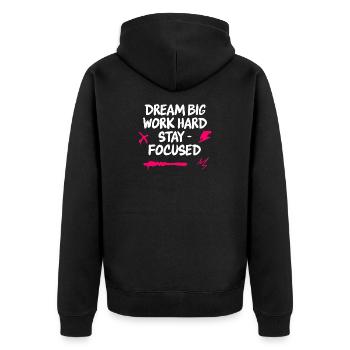 Träume groß, arbeite hart, bleib fokussiert - Unisex Premium Bio Zip Hoodie - Schwarz - Hinten - Nico (187cm)