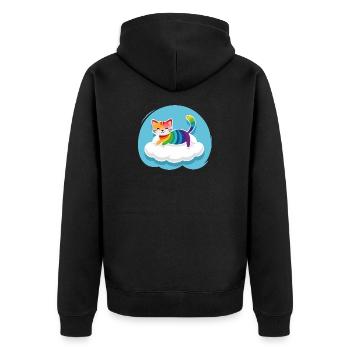 Kunterbunte Katze schwebt auf Wolke (Tag) - Unisex Premium Bio Zip Hoodie - Schwarz - Hinten - Nico (187cm)
