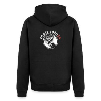 Power Mode: ON – Strong Fist Graphic - Unisex Premium Bio Zip Hoodie - Schwarz - Hinten - Nico (187cm)