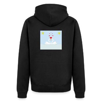Zwei weiße Liebesschwäne im Wasser und rote Herzen - Unisex Premium Bio Zip Hoodie - Schwarz - Hinten - Nico (187cm)