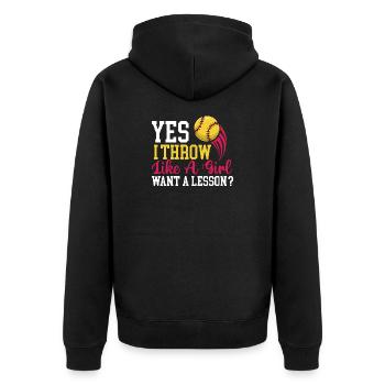 Ja, ich warf wie ein Mädchen, will eine Lektion - Unisex Premium Bio Zip Hoodie - Schwarz - Hinten - Nico (187cm)