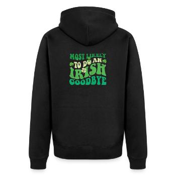 Am wahrscheinlichsten, um sich von St Pats zu verabschieden. - Unisex Premium Bio Zip Hoodie - Schwarz - Hinten - Nico (187cm)
