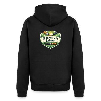 Natur ist mein Lehrer – Waldbadge - Unisex Premium Bio Zip Hoodie - Schwarz - Hinten - Nico (187cm)