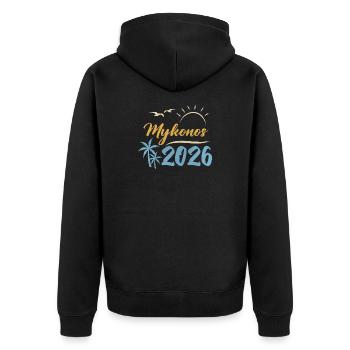 Mykonos 2026 - Unisex Premium Bio Zip Hoodie - Schwarz - Hinten - Nico (187cm)