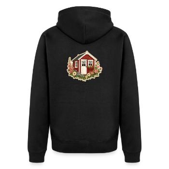Rotes Schwedenhaus mit Blumen im Tinyhaus Stil  - Unisex Premium Bio Zip Hoodie - Schwarz - Hinten - Nico (187cm)