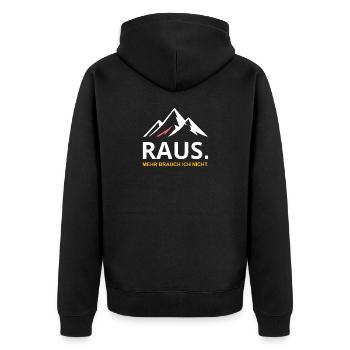 RAUS – Mehr brauch ich nicht - Unisex Premium Bio Zip Hoodie - Schwarz - Hinten - Nico (187cm)