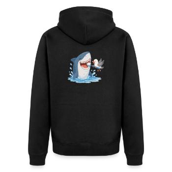 Hai beim Zähneputzen mit Möwe - Unisex Premium Bio Zip Hoodie - Schwarz - Hinten - Nico (187cm)