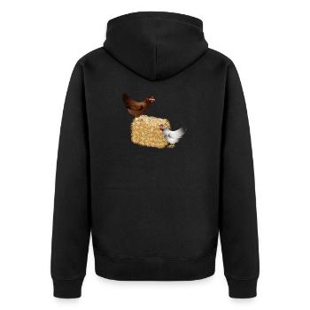 zwei Hühner auf einen Strohballen - Unisex Premium Bio Zip Hoodie - Schwarz - Hinten - Nico (187cm)