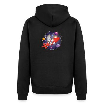 Der Astronaut und die rote Rakete im All - Unisex Premium Bio Zip Hoodie - Schwarz - Hinten - Nico (187cm)