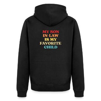 Lustiges Zitat Mein Schwiegersohn Lieblingskind - Unisex Premium Bio Zip Hoodie - Schwarz - Hinten - Nico (187cm)