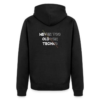 Nie zu alt für die Techno-Rave-Kultur - Unisex Premium Bio Zip Hoodie - Schwarz - Hinten - Nico (187cm)