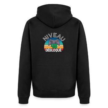 Level 40 freigeschaltet - Unisex Premium Bio Zip Hoodie - Schwarz - Hinten - Nico (187cm)