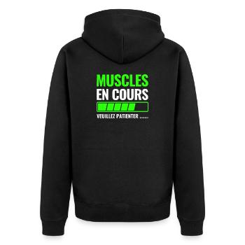 Muskeln im Gange bitte warten - Unisex Premium Bio Zip Hoodie - Schwarz - Hinten - Nico (187cm)
