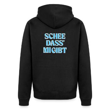 Selbstliebe auf bayerisch: Schee, dass mi gibt. - Unisex Premium Bio Zip Hoodie - Schwarz - Hinten - Nico (187cm)