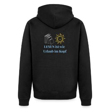 Lesen ist wie Urlaub im Kopf - Minimalistisches Le - Unisex Premium Bio Zip Hoodie - Schwarz - Hinten - Nico (187cm)
