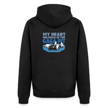 Mein Herz gehört in die Gaga-Grube - Unisex Premium Bio Zip Hoodie - Schwarz - Hinten - Nico (187cm)