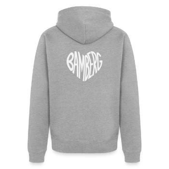 Bamberg Herz Typo - Unisex Premium Bio Zip Hoodie - Grau meliert - Hinten - Nico (187cm)