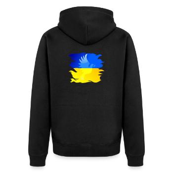 Ukraine Flagge mit Friedenstaube - Unisex Premium Bio Zip Hoodie - Schwarz - Hinten - Nico (187cm)