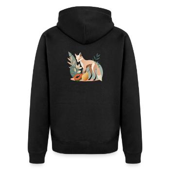 Eleganter Fuchs mit tropischen Früchten - Unisex Premium Bio Zip Hoodie - Schwarz - Hinten - Nico (187cm)