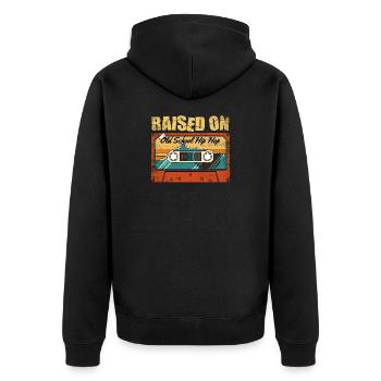 Aufgewachsen mit Old School Hip Hop 80er 90er Jahre Rap Stil - Unisex Premium Bio Zip Hoodie - Schwarz - Hinten - Nico (187cm)