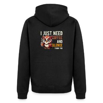 Ich brauche nur Kaffee und Stille, lustige Eule - Unisex Premium Bio Zip Hoodie - Schwarz - Hinten - Nico (187cm)