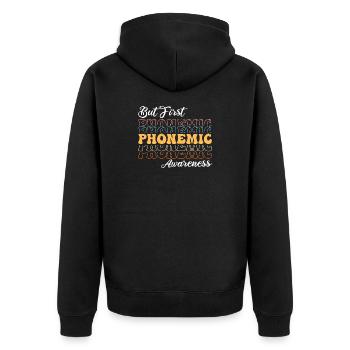 Phonemische Bewusstheit zuerst - Unisex Premium Bio Zip Hoodie - Schwarz - Hinten - Nico (187cm)