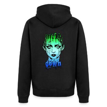 MELTDOWN: Zerfließendes Gesicht im Overload - Unisex Premium Bio Zip Hoodie - Schwarz - Hinten - Nico (187cm)