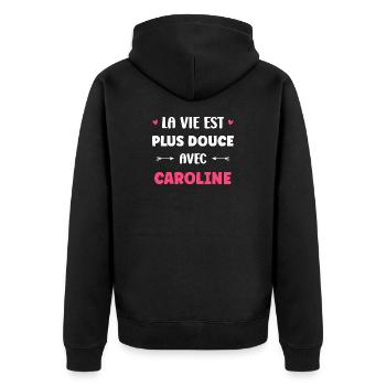 Das süßere Leben mit Caroline - Unisex Premium Bio Zip Hoodie - Schwarz - Hinten - Nico (187cm)