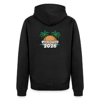 Mykonos 2026 - Unisex Premium Bio Zip Hoodie - Schwarz - Hinten - Nico (187cm)