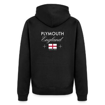 Plymouth England Koordinaten Reise Souvenir - Unisex Premium Bio Zip Hoodie - Schwarz - Hinten - Nico (187cm)