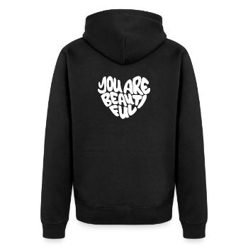 you are beautiful - Lettering / Weiß in herzform - Unisex Premium Bio Zip Hoodie - Schwarz - Hinten - Nico (187cm)
