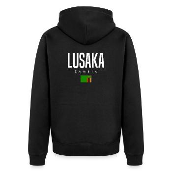 Lusaka Sambia - Unisex Premium Bio Zip Hoodie - Schwarz - Hinten - Nico (187cm)