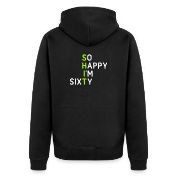 Tellement heureuse d’avoir soixante ans - Veste à capuche bio Premium Unisexe - noir - Dos - Nico (187cm)