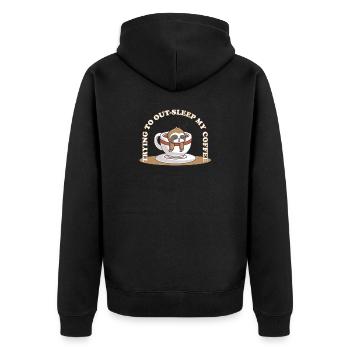 Trying to Out-Sleep My Coffee – Faultier Kaffee - Unisex Premium Bio Zip Hoodie - Schwarz - Hinten - Nico (187cm)