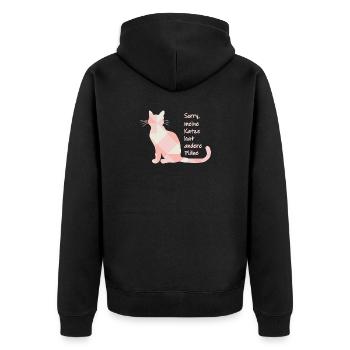 Katzenspruch - Sorry, meine Katze hat andere Pläne - Unisex Premium Bio Zip Hoodie - Schwarz - Hinten - Nico (187cm)