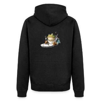 Frosch am Tisch mit Besteck - Unisex Premium Bio Zip Hoodie - Schwarz - Hinten - Nico (187cm)