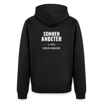 Sonnenanbeter zu 100% Endlich draußen - Unisex Premium Bio Zip Hoodie - Schwarz - Hinten - Nico (187cm)