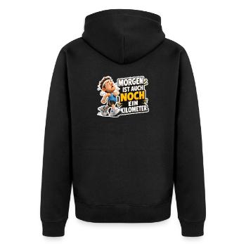 Laufen Spruch Morgen ist noch ein Kilometer Humor - Unisex Premium Bio Zip Hoodie - Schwarz - Hinten - Nico (187cm)