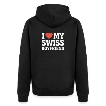 I love my swiss boyfriend Valentinstag Schweizer - Unisex Premium Bio Zip Hoodie - Schwarz - Hinten - Nico (187cm)