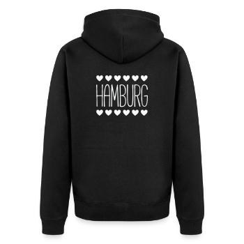 Hamburg Herz-Motiv - Unisex Premium Bio Zip Hoodie - Schwarz - Hinten - Nico (187cm)