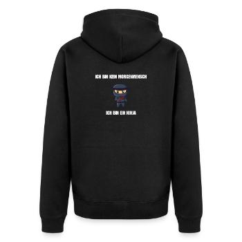 Ich bin kein Morgenmensch - Ich bin ein Ninja - Unisex Premium Bio Zip Hoodie - Schwarz - Hinten - Nico (187cm)
