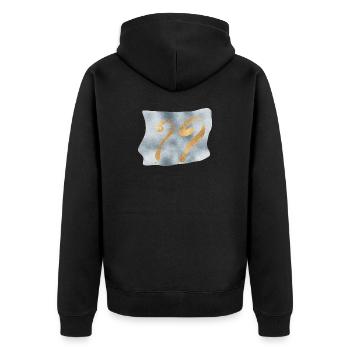 Golden question marks on blue - Unisex Premium Organic Zip Hoodie - black - Back - Nico (187cm)