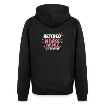 Spruch einer pensionierten Krankenschwester - Unisex Premium Bio Zip Hoodie - Schwarz - Hinten - Nico (187cm)